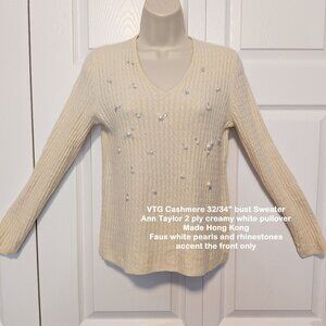 VTG Cashmere 32/34" bust Ann Taylor 2 ply cream white pullover sweater w/beads